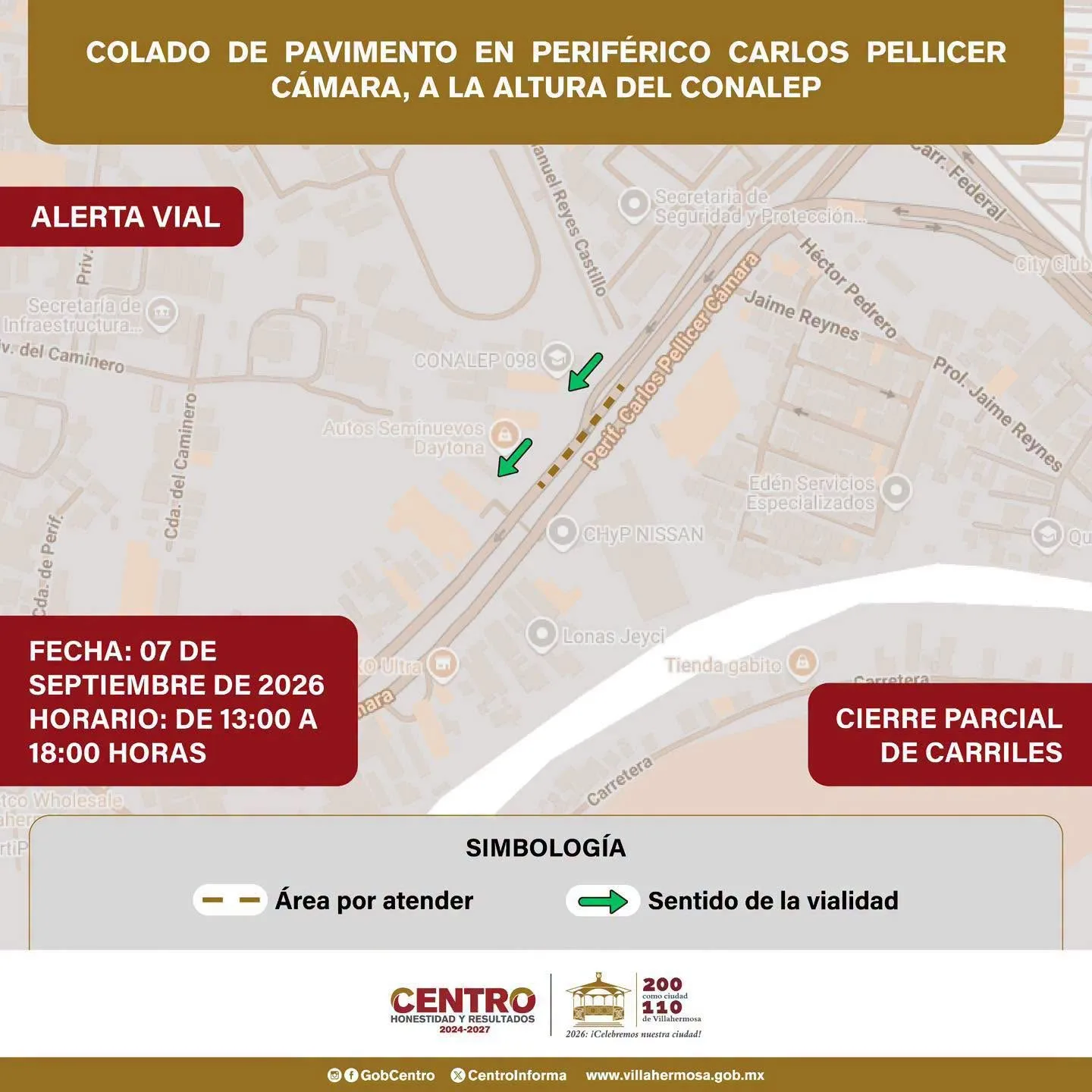 Habrá cierres parciales en el Periférico de Villahermosa este lunes